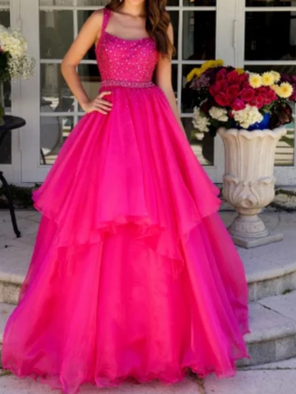 Hot Pink Beaded Tulle Prom Gown